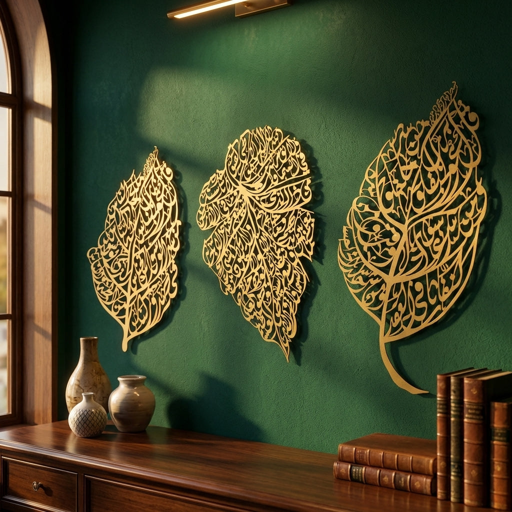 Set of 3 Metal Ayatul Kursi, Surah An-Nâs and Surah Al-Falaq Islamic Wall Art (Leaf Pattern) - WAM224