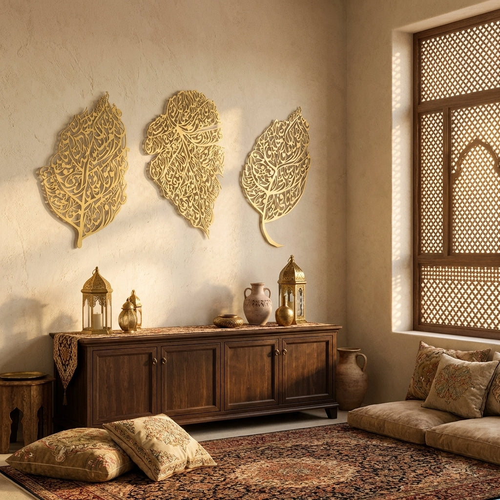 Set of 3 Metal Ayatul Kursi, Surah An-Nâs and Surah Al-Falaq Islamic Wall Art (Leaf Pattern) - WAM224