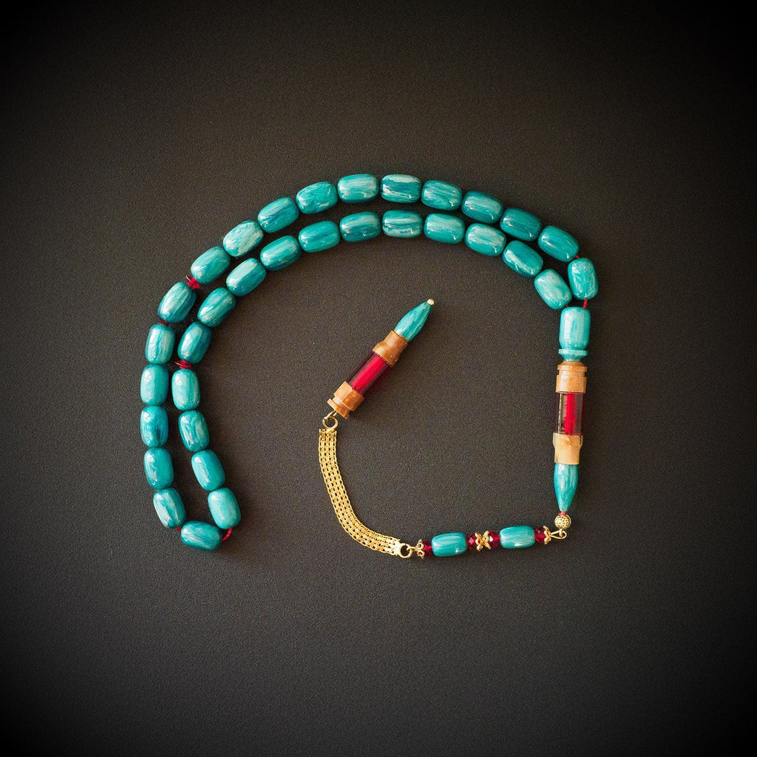 Turquoise Catalin Silver Tasbeeh – Kuka-Combined Imam Bead with Gold-Plated Accents – WATE053