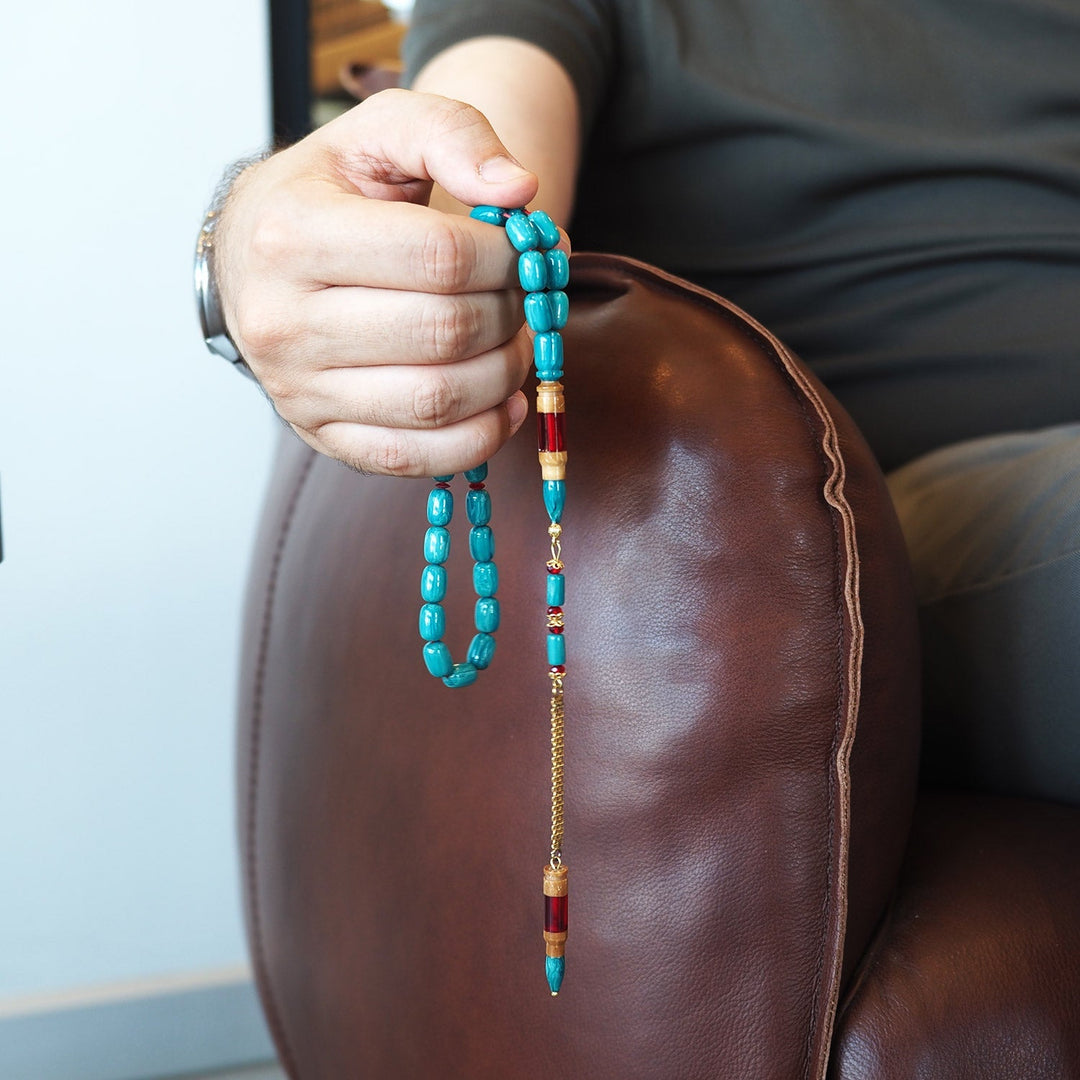 Turquoise Catalin Silver Tasbeeh – Kuka-Combined Imam Bead with Gold-Plated Accents – WATE053