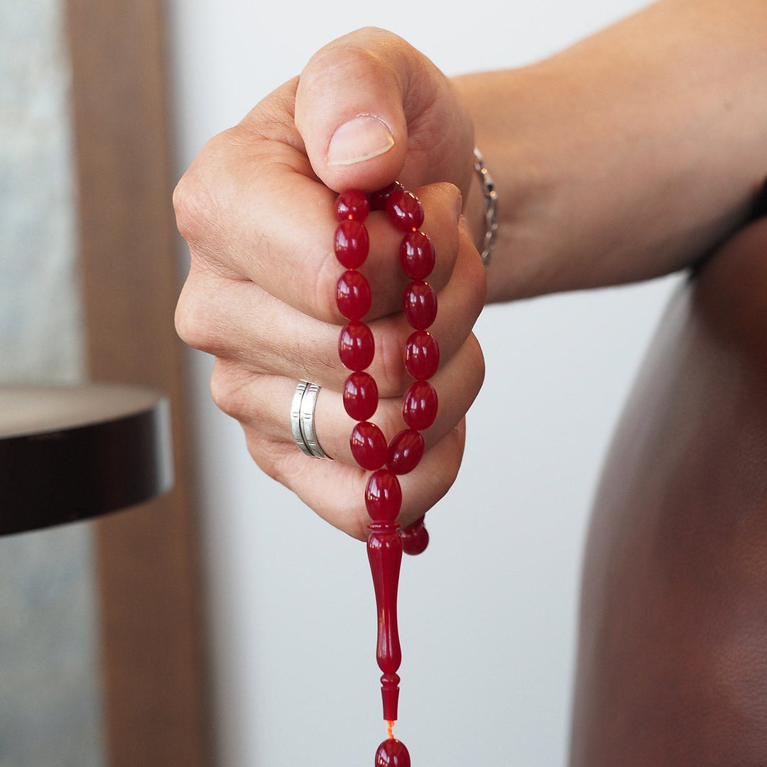 Dark Fire Pressed Amber Tasbeeh – Graded Beads – WATE046