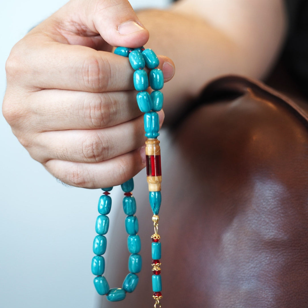 Turquoise Catalin Silver Tasbeeh – Kuka-Combined Imam Bead with Gold-Plated Accents – WATE053