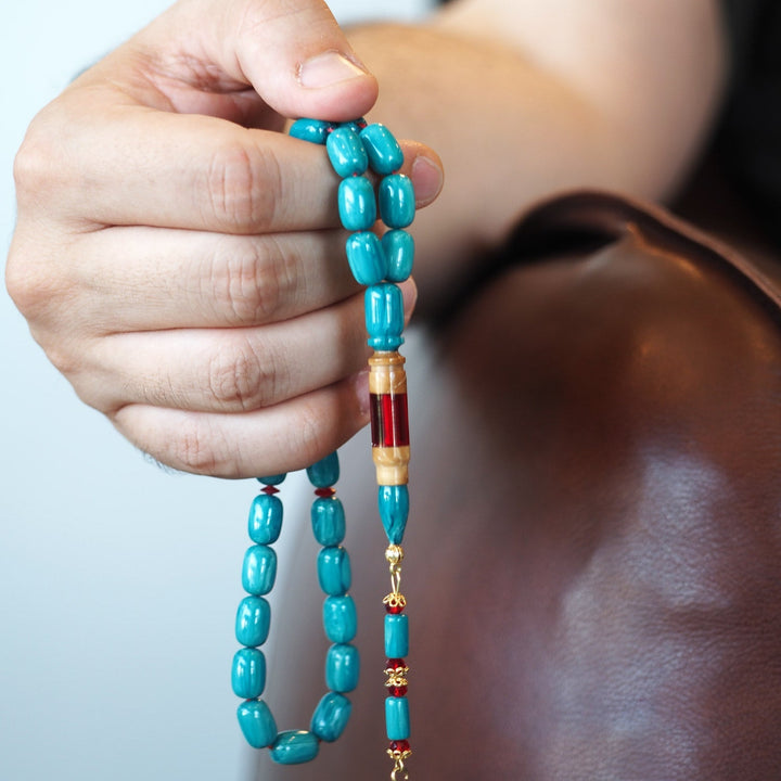Turquoise Catalin Silver Tasbeeh – Kuka-Combined Imam Bead with Gold-Plated Accents – WATE053