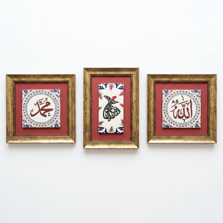 Whirling Dervish, Allah &amp; Muhammad Written 3-Piece Ceramic Tile Wall Art Set (Glow in the Dark) – WAC062