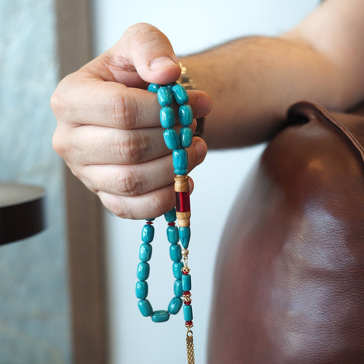 Turquoise Catalin Silver Tasbeeh – Kuka-Combined Imam Bead with Gold-Plated Accents – WATE053