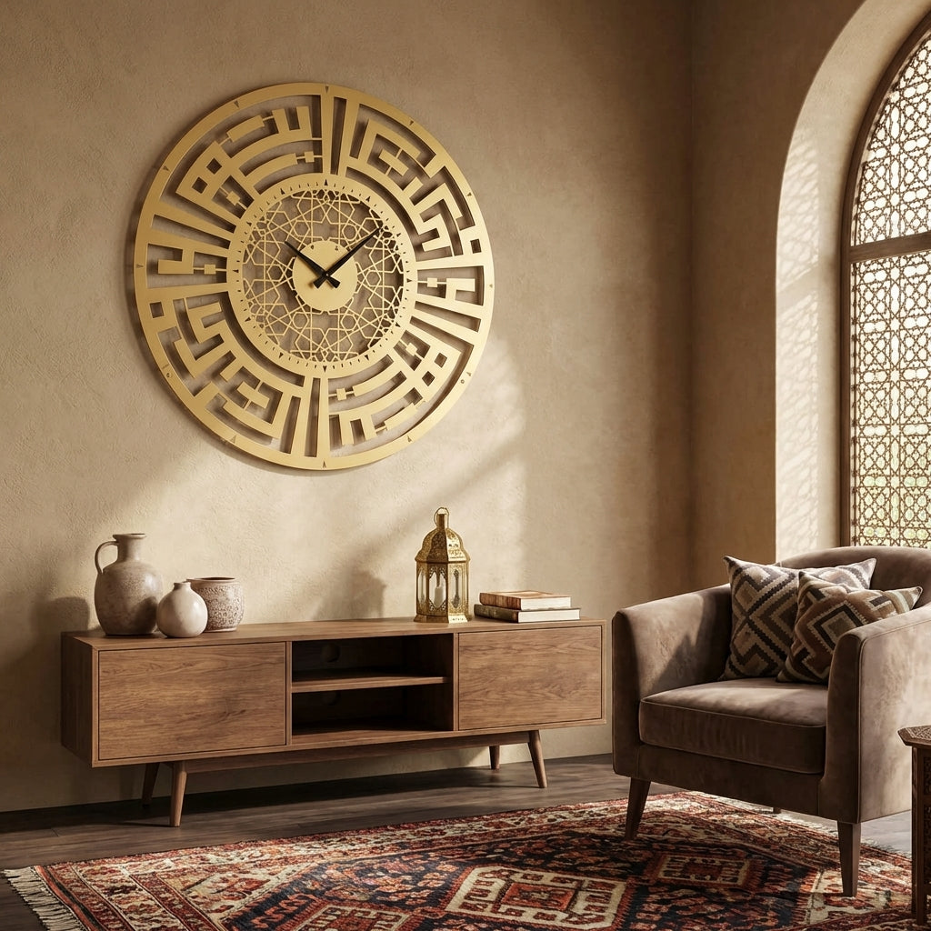 Sabr and Salat (Patience and Pray) Written Kufic Metal Wall Clock - WAMS003