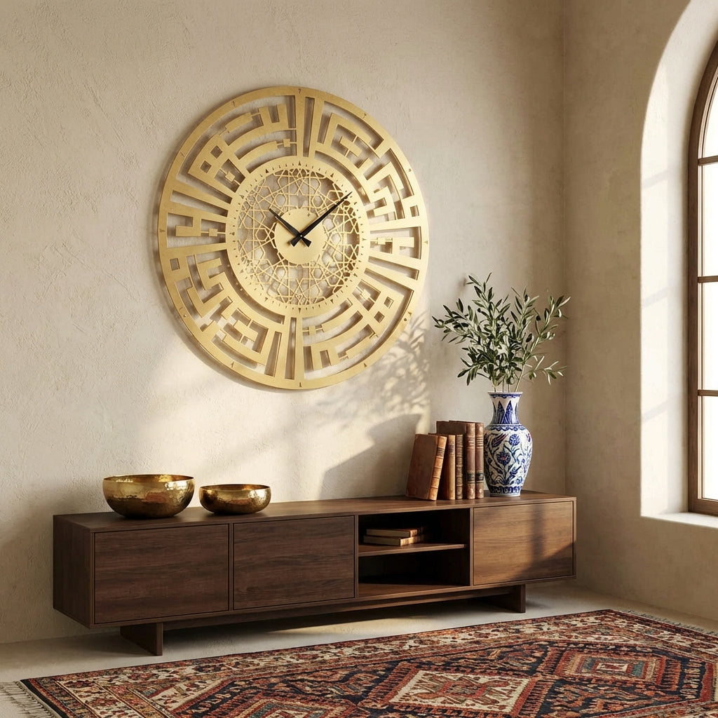 Sabr and Salat (Patience and Pray) Written Kufic Metal Wall Clock - WAMS003