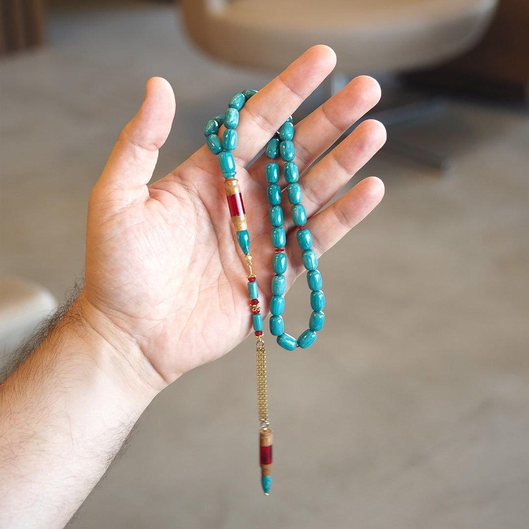 Turquoise Catalin Silver Tasbeeh – Kuka-Combined Imam Bead with Gold-Plated Accents – WATE053