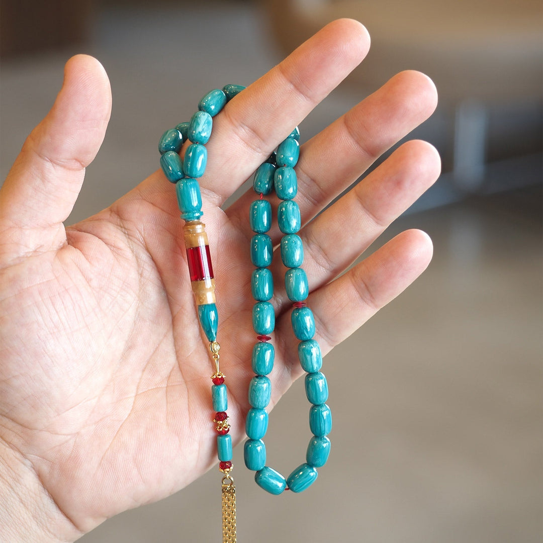Turquoise Catalin Silver Tasbeeh – Kuka-Combined Imam Bead with Gold-Plated Accents – WATE053