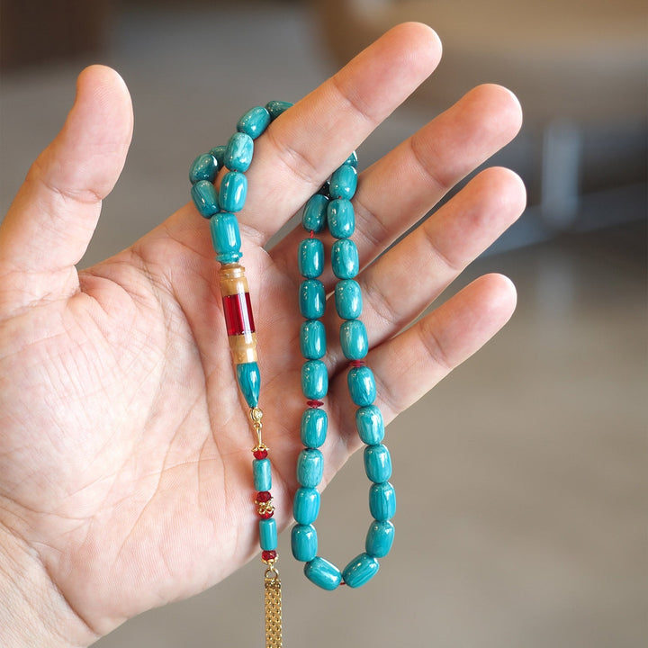 Turquoise Catalin Silver Tasbeeh – Kuka-Combined Imam Bead with Gold-Plated Accents – WATE053