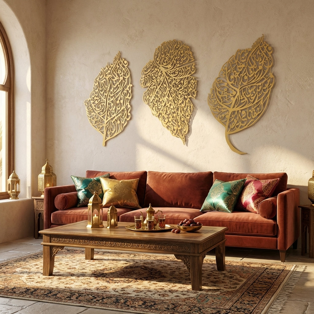 Set of 3 Metal Ayatul Kursi, Surah An-Nâs and Surah Al-Falaq Islamic Wall Art (Leaf Pattern) - WAM224