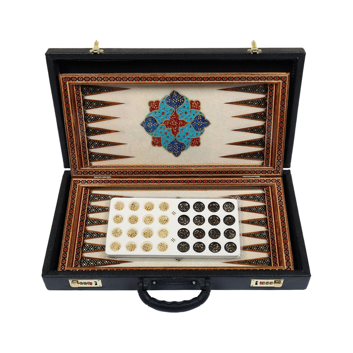 Handcrafted Hatem-Inlaid Wooden Backgammon Set with Carrying Case - WAAH146