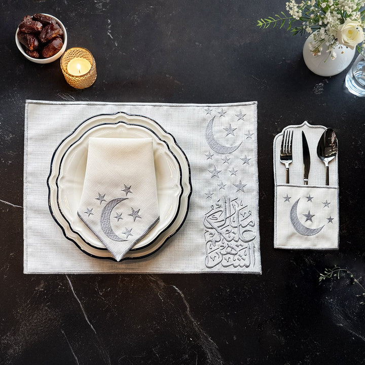 Handcrafted Luxury Silver Embroidered Table Setting Set (18 Pieces for 6) - WAS041