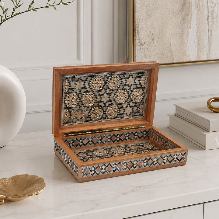 Geometric Motif | Handcrafted Mother-of-Pearl Inlaid Wooden Box – WAAH039