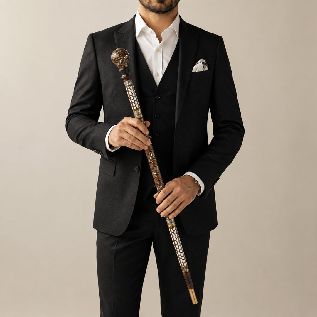 Handcrafted Wooden Walking Cane with Mother-of-Pearl and Copper Wire Inlay, Spherical Handle – WAAH105