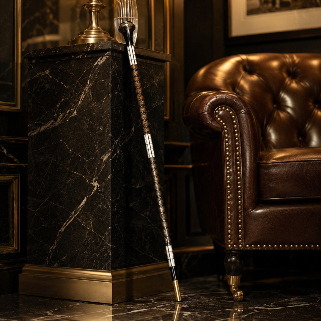 Handcrafted Wooden Walking Cane with Mother-of-Pearl and Copper Wire Inlay, Spherical Handle – WAAH105