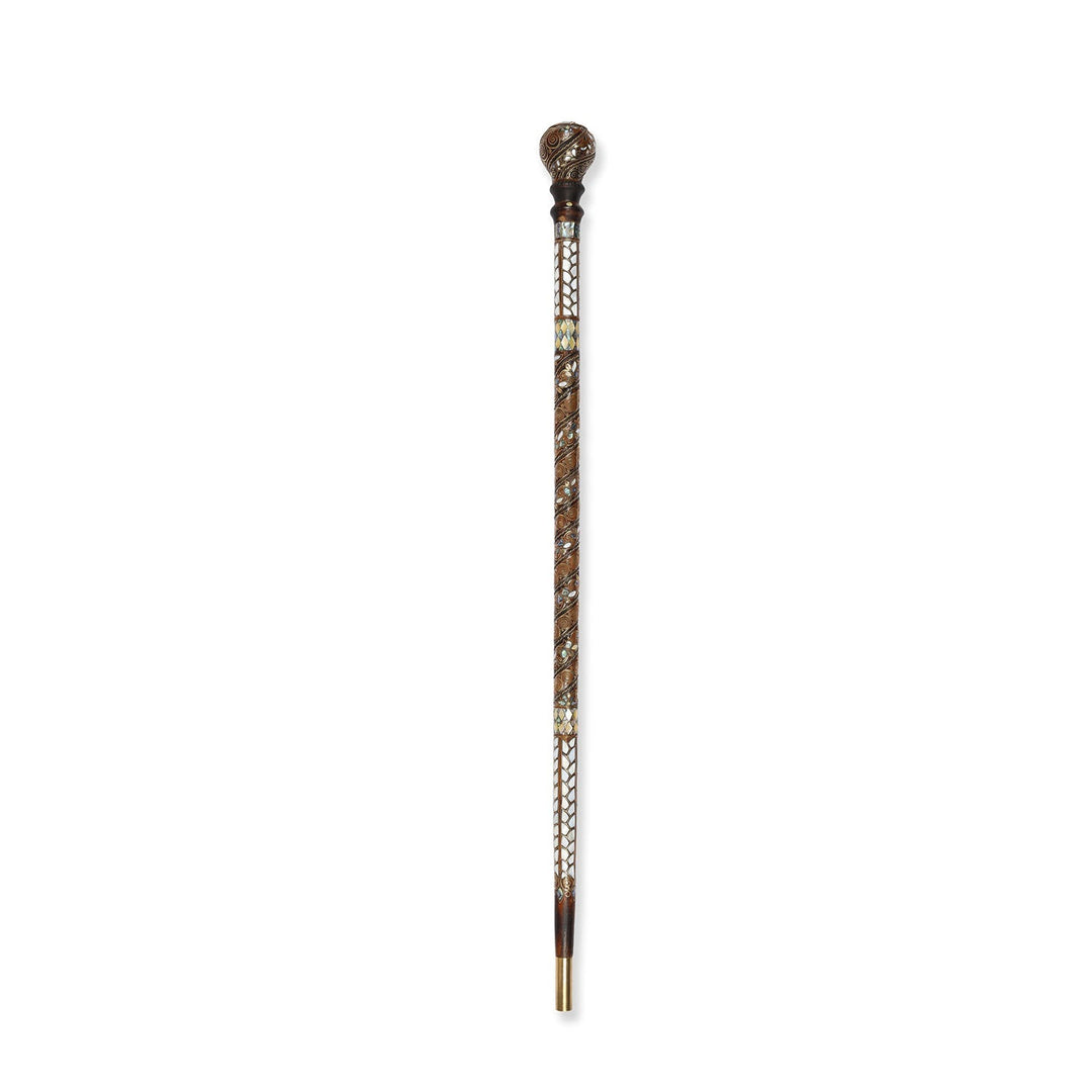 Handcrafted Wooden Walking Cane with Mother-of-Pearl and Copper Wire Inlay, Spherical Handle – WAAH105