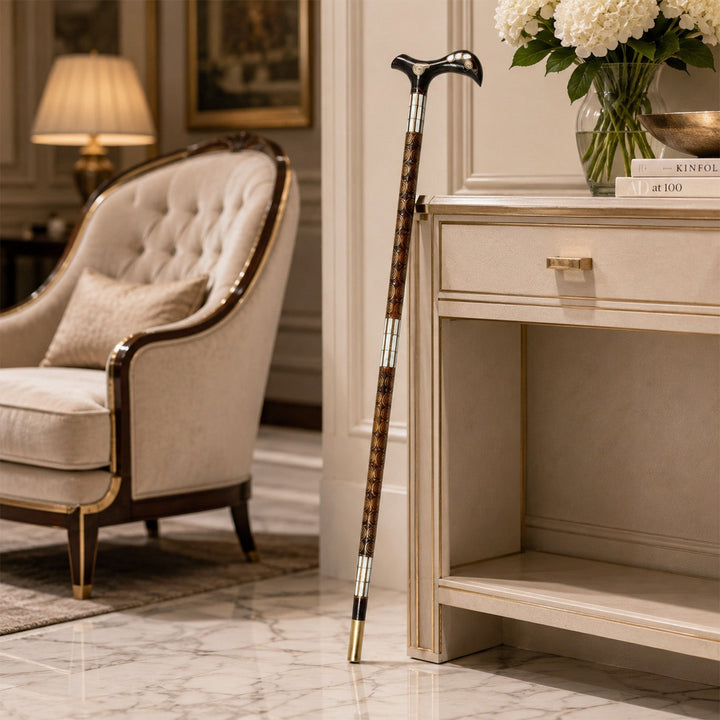 Handcrafted Wooden Walking Cane with Mother-of-Pearl and Copper Wire Inlay, Spherical Handle – WAAH107