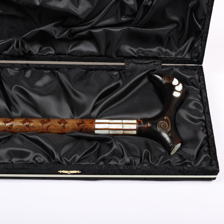 Handcrafted Wooden Walking Cane with Mother-of-Pearl and Copper Wire Inlay, Spherical Handle – WAAH107