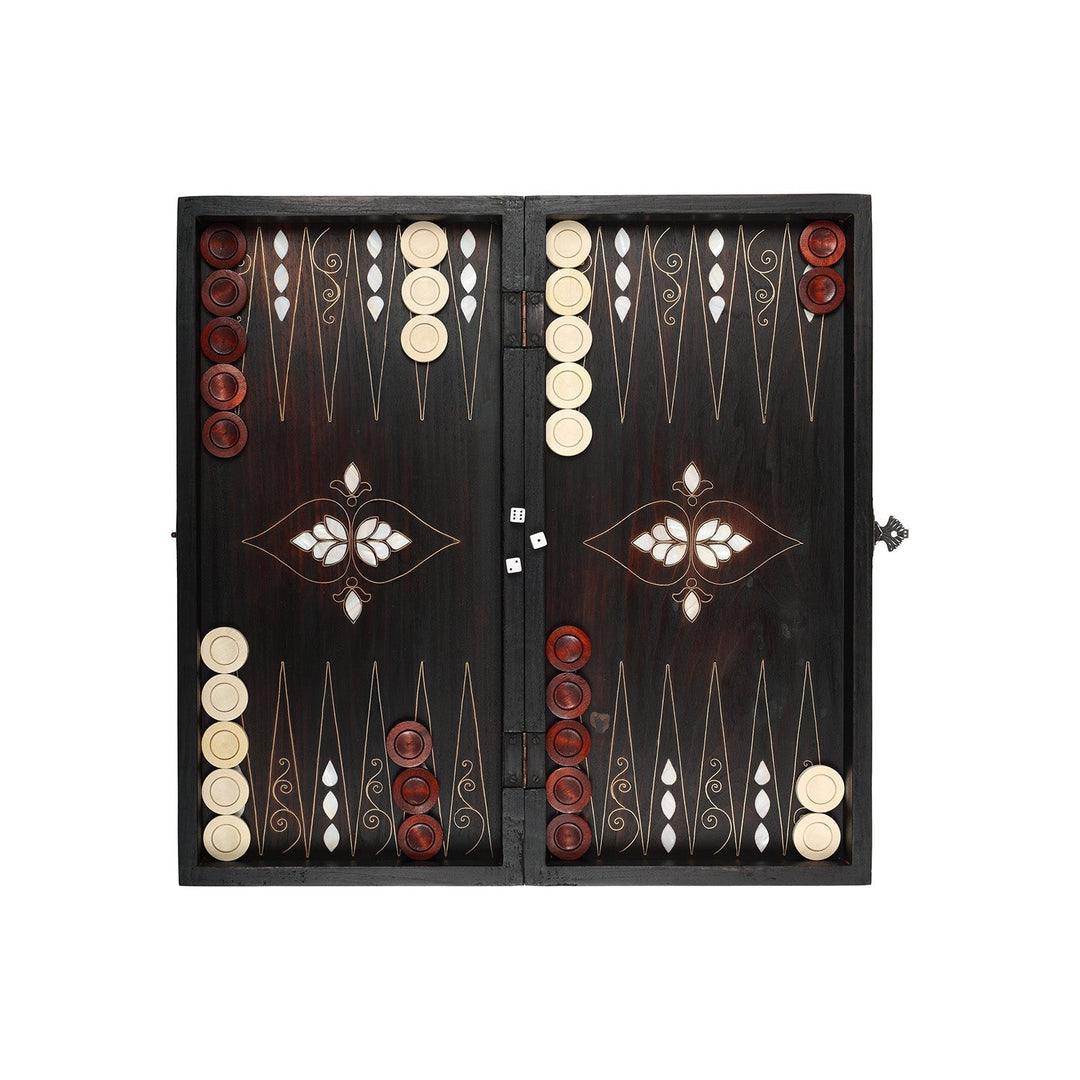 Handcrafted Wooden Backgammon Set with Mother-of-Pearl and Copper Wire Inlay – WAAH108