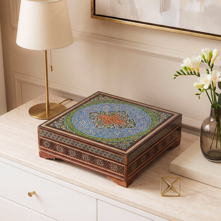 Traditional Motif | Handcrafted Hatem-Inlaid Square Wooden Box - WAAH111