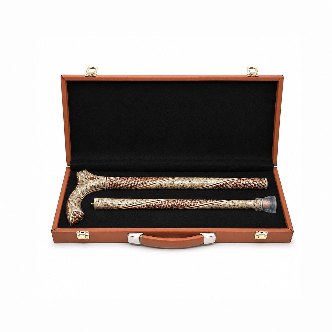 Handcrafted Hatem-Inlaid Wooden Walking Cane with Carrying Case - WAAH215