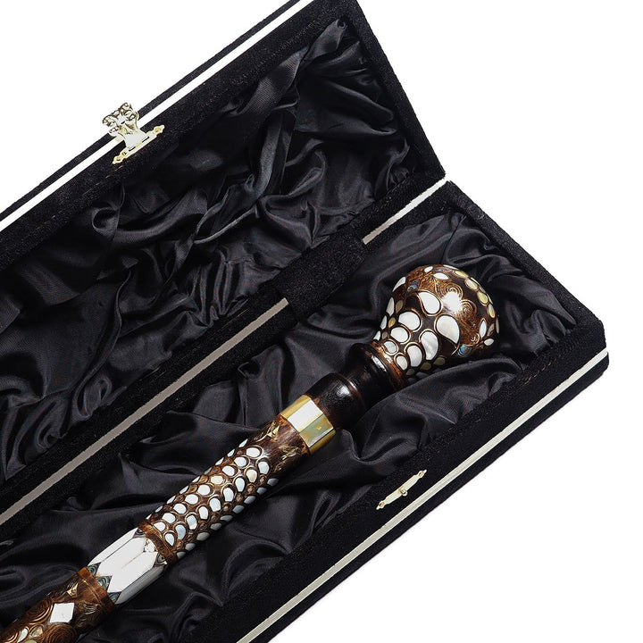 Handcrafted Walnut Wood Cane with Mother-of-Pearl and Brass Wire Inlay, Spherical Handle - WAAH232