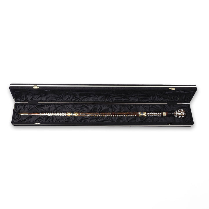 Handcrafted Walnut Wood Cane with Mother-of-Pearl and Brass Wire Inlay, Spherical Handle - WAAH234