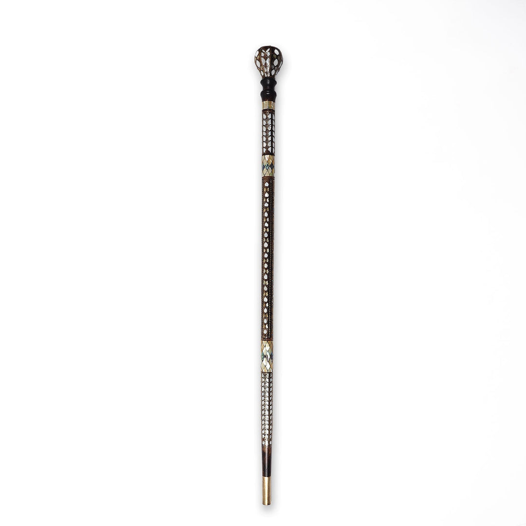 Handcrafted Walnut Wood Cane with Mother-of-Pearl and Brass Wire Inlay, Spherical Handle - WAAH234