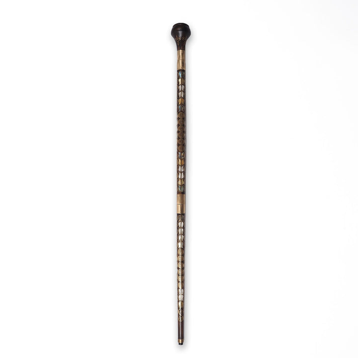 Handcrafted Wooden Walking Cane with Mother-of-Pearl and Copper Wire Inlay, Spherical Handle - WAAH235