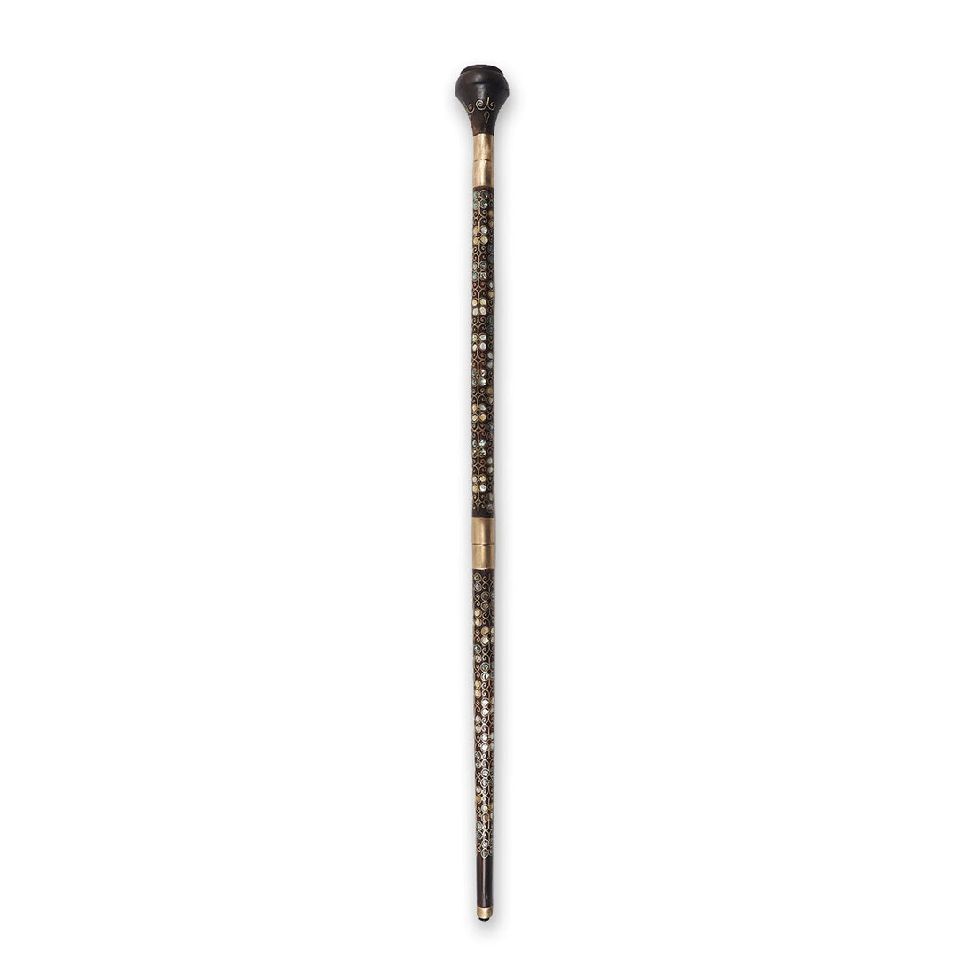 Handcrafted Wooden Walking Cane with Mother-of-Pearl and Copper Wire Inlay, Spherical Handle - WAAH236