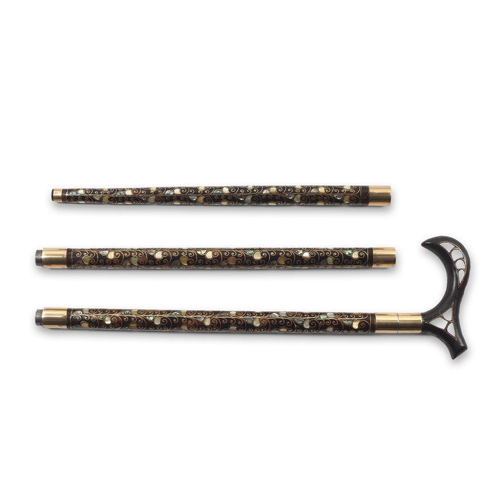 Handcrafted Wooden Walking Cane with Mother-of-Pearl and Copper Wire Inlay, Spherical Handle - WAAH238