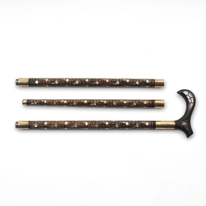 Handcrafted Wooden Walking Cane with Mother-of-Pearl and Copper Wire Inlay, Spherical Handle - WAAH240