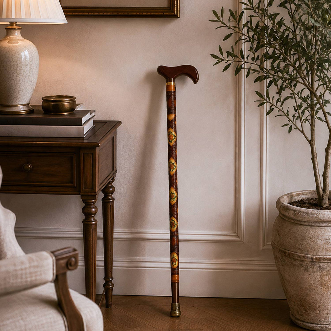 Handcrafted Leather-Covered Wooden Walking Cane - WAAH332