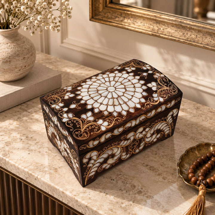 Handcrafted Mother-of-Pearl &amp; Copper Wire Inlaid Wooden Box - WAAH376