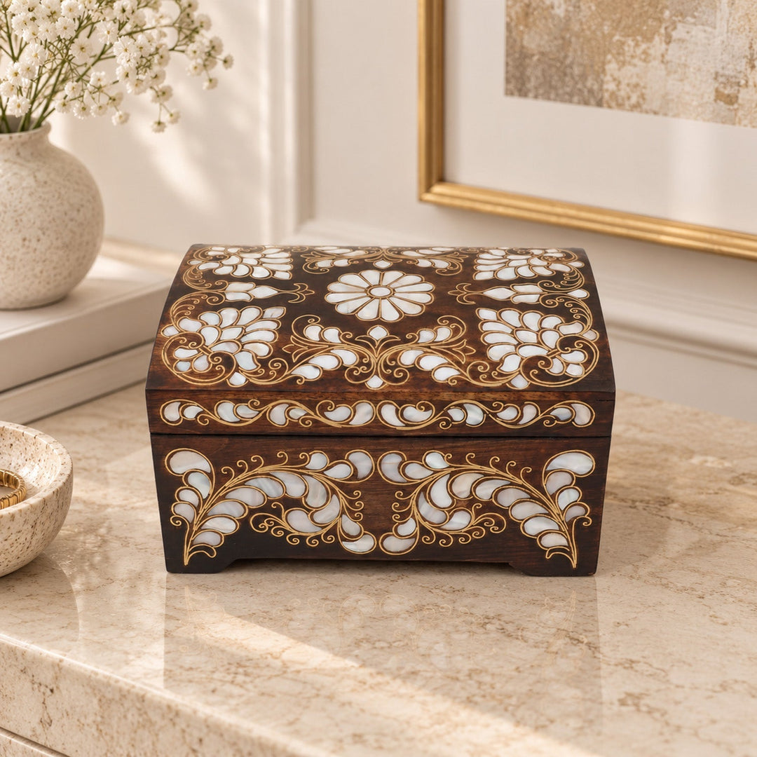 Handcrafted Mother-of-Pearl &amp; Copper Wire Inlaid Wooden Box - WAAH377