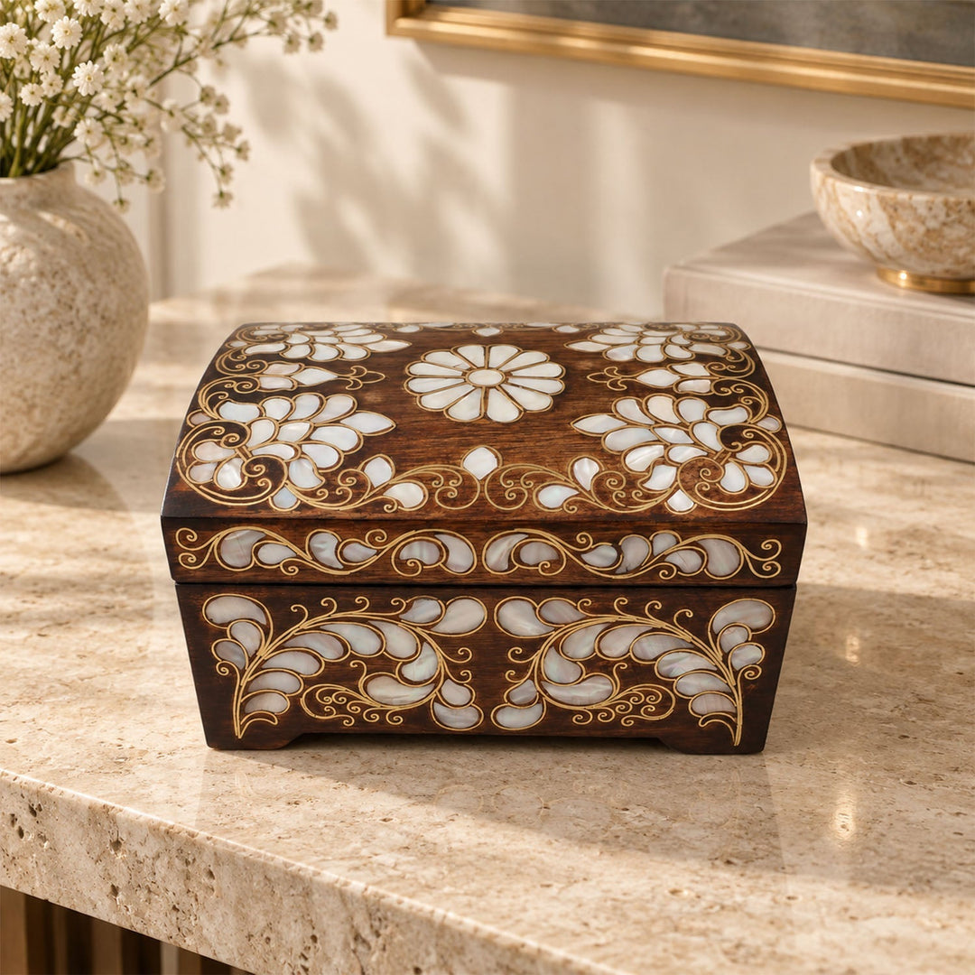 Handcrafted Mother-of-Pearl &amp; Copper Wire Inlaid Wooden Box - WAAH378