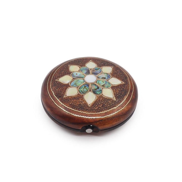 Floral Motif | Handcrafted Mother-of-Pearl &amp; Copper Wire Inlaid Wooden Pocket Mirror – WAAH055 - WAAH382