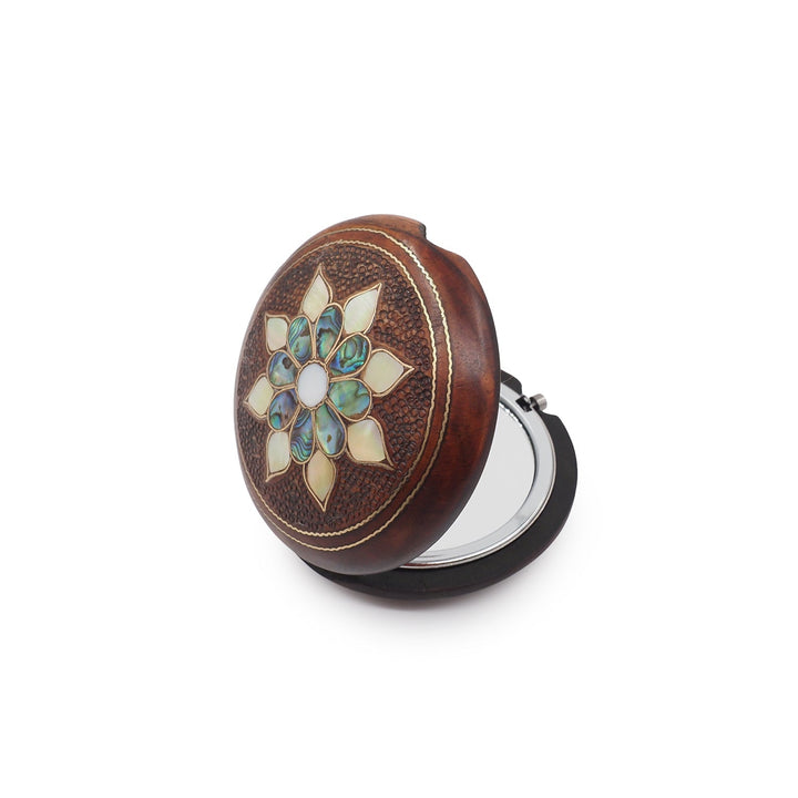 Floral Motif | Handcrafted Mother-of-Pearl &amp; Copper Wire Inlaid Wooden Pocket Mirror – WAAH055 - WAAH382