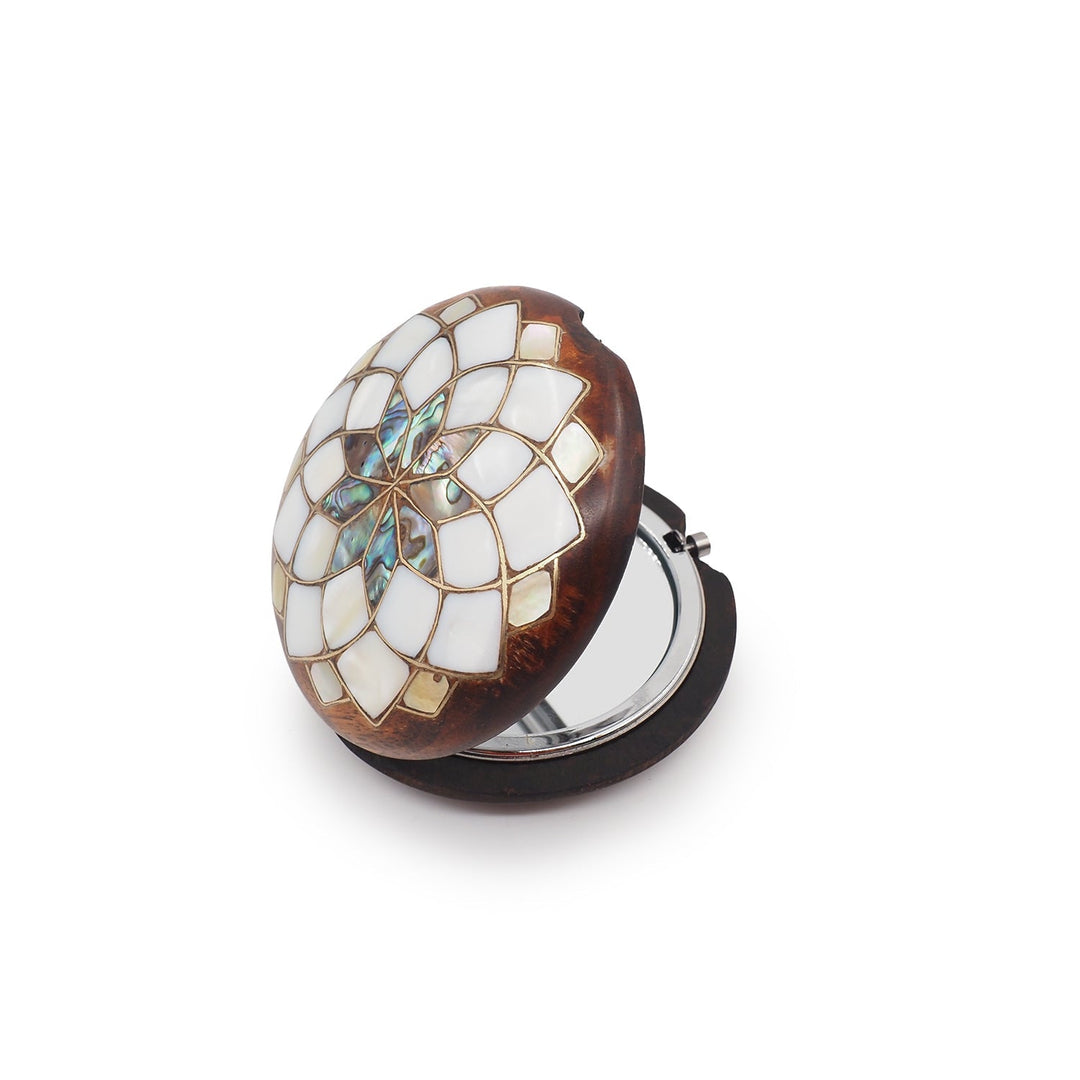 Floral Motif | Handcrafted Mother-of-Pearl &amp; Copper Wire Inlaid Wooden Pocket Mirror – WAAH055 - WAAH383
