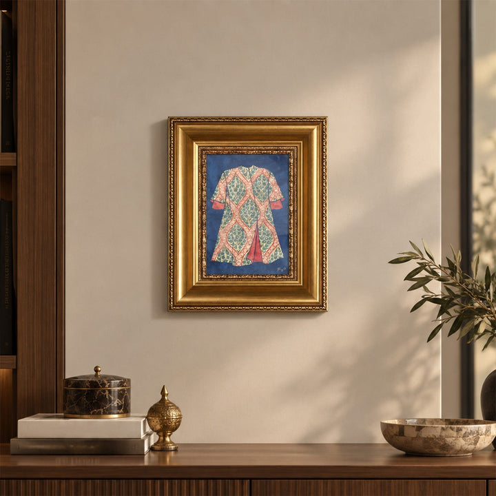 Hand-Painted Ottoman Kaftan Motif Glass Wall Art with Gold Leaf Wooden Frame - WAAH456