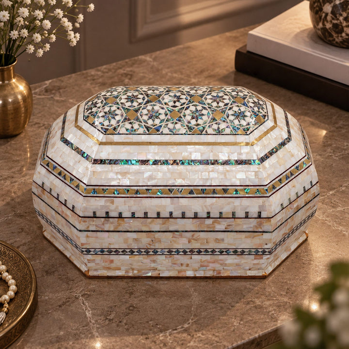 Handcrafted Patterned Wooden Box with Mother-of-Pearl Mosaic and Abalone Inlay - WAAH471