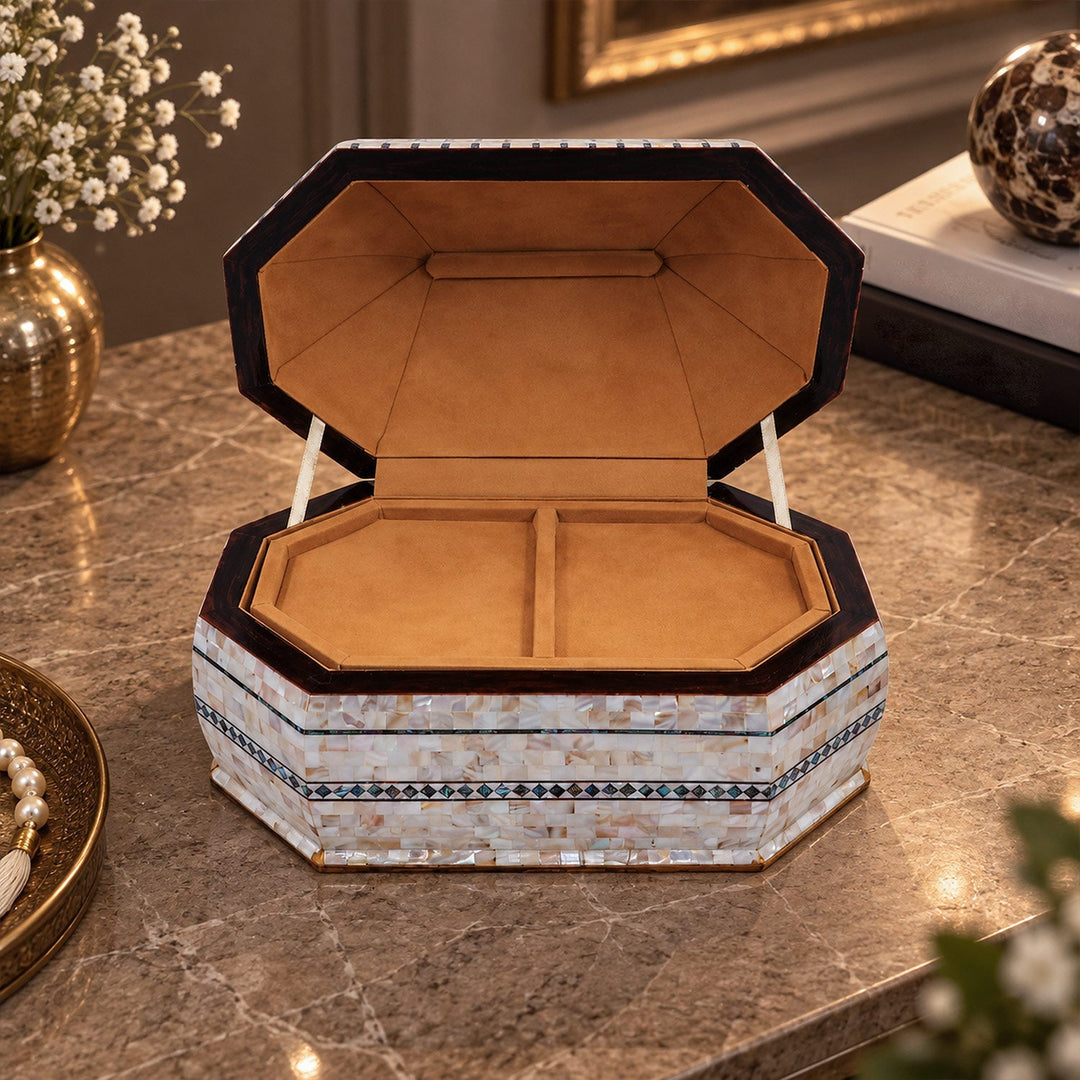 Handcrafted Patterned Wooden Box with Mother-of-Pearl Mosaic and Abalone Inlay - WAAH471
