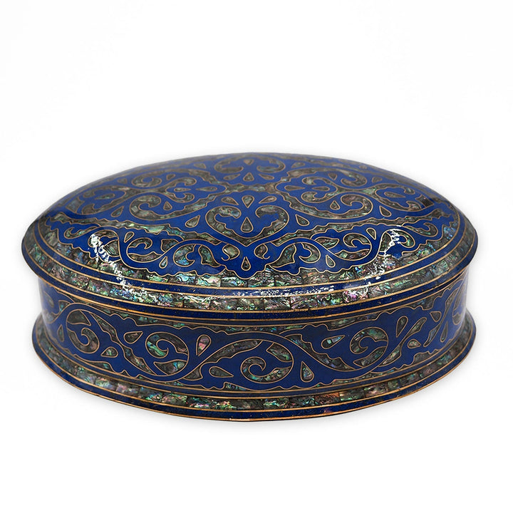 Handcrafted Navy Blue Wooden Box with Abalone Mother-of-Pearl and Copper Wire Inlay - WAAH474