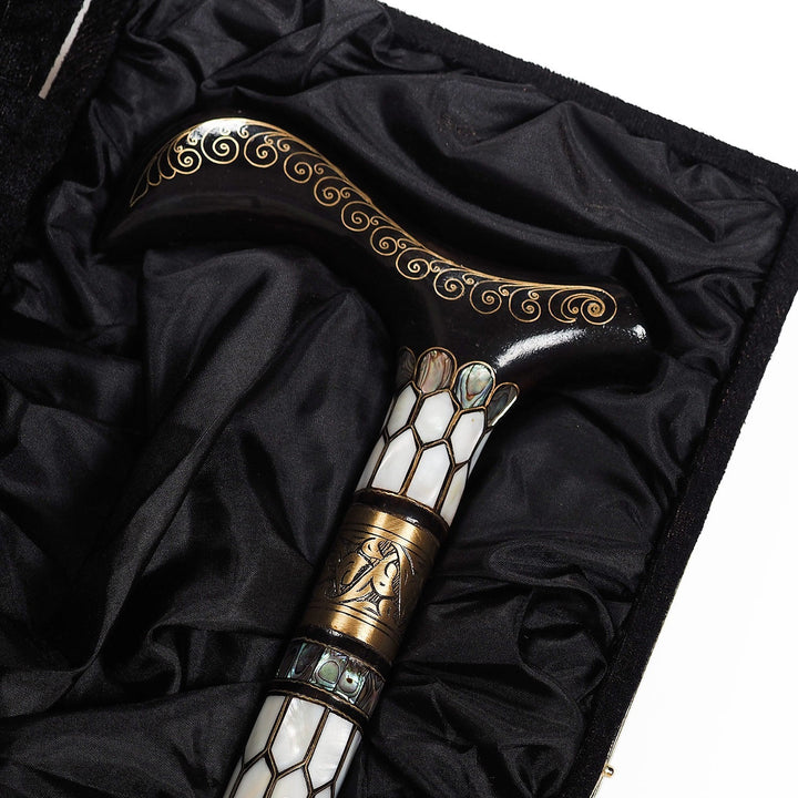 Handcrafted Wooden Walking Cane with Mother-of-Pearl and Copper Wire Inlay - WAAH476