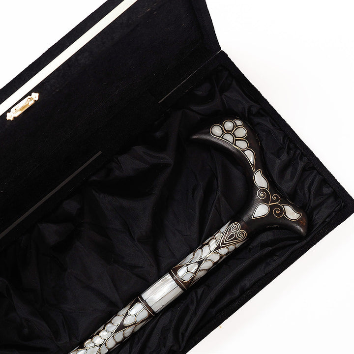 Handcrafted Wooden Walking Cane with Mother-of-Pearl and Copper Wire Inlay - WAAH477