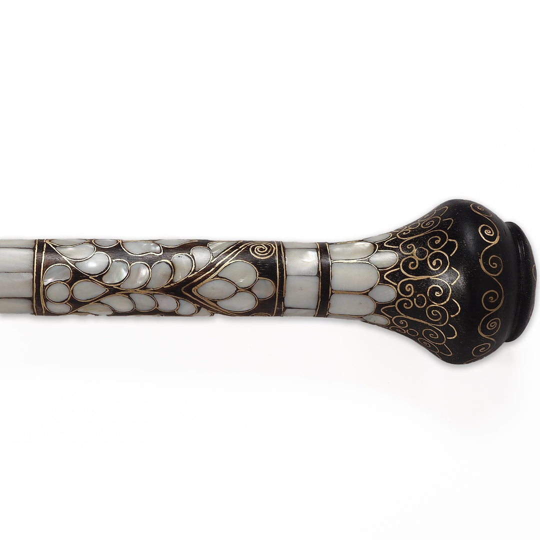 Handcrafted Wooden Walking Cane with Mother-of-Pearl and Copper Wire Inlay - WAAH480