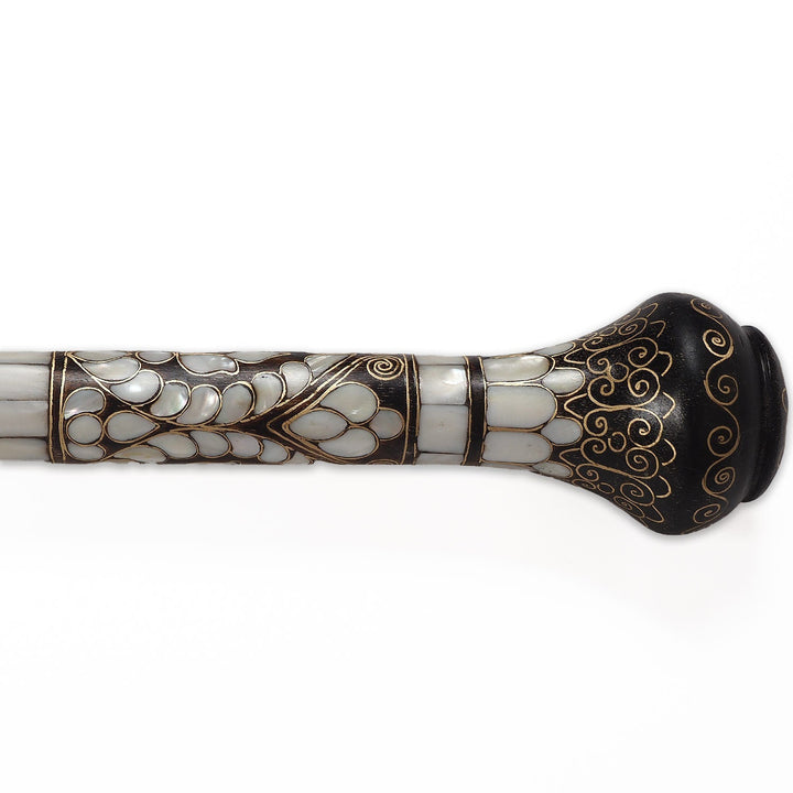 Handcrafted Wooden Walking Cane with Mother-of-Pearl and Copper Wire Inlay - WAAH480