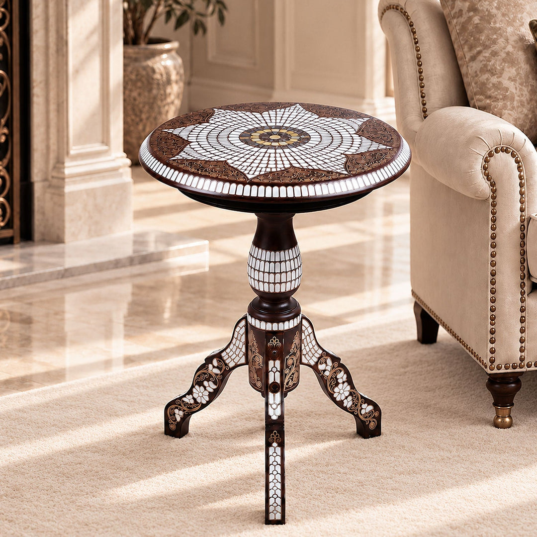 Handmade Mother-of-Pearl Mosaic and Abalone Inlaid Filigree Wooden Side Table - WAAH482