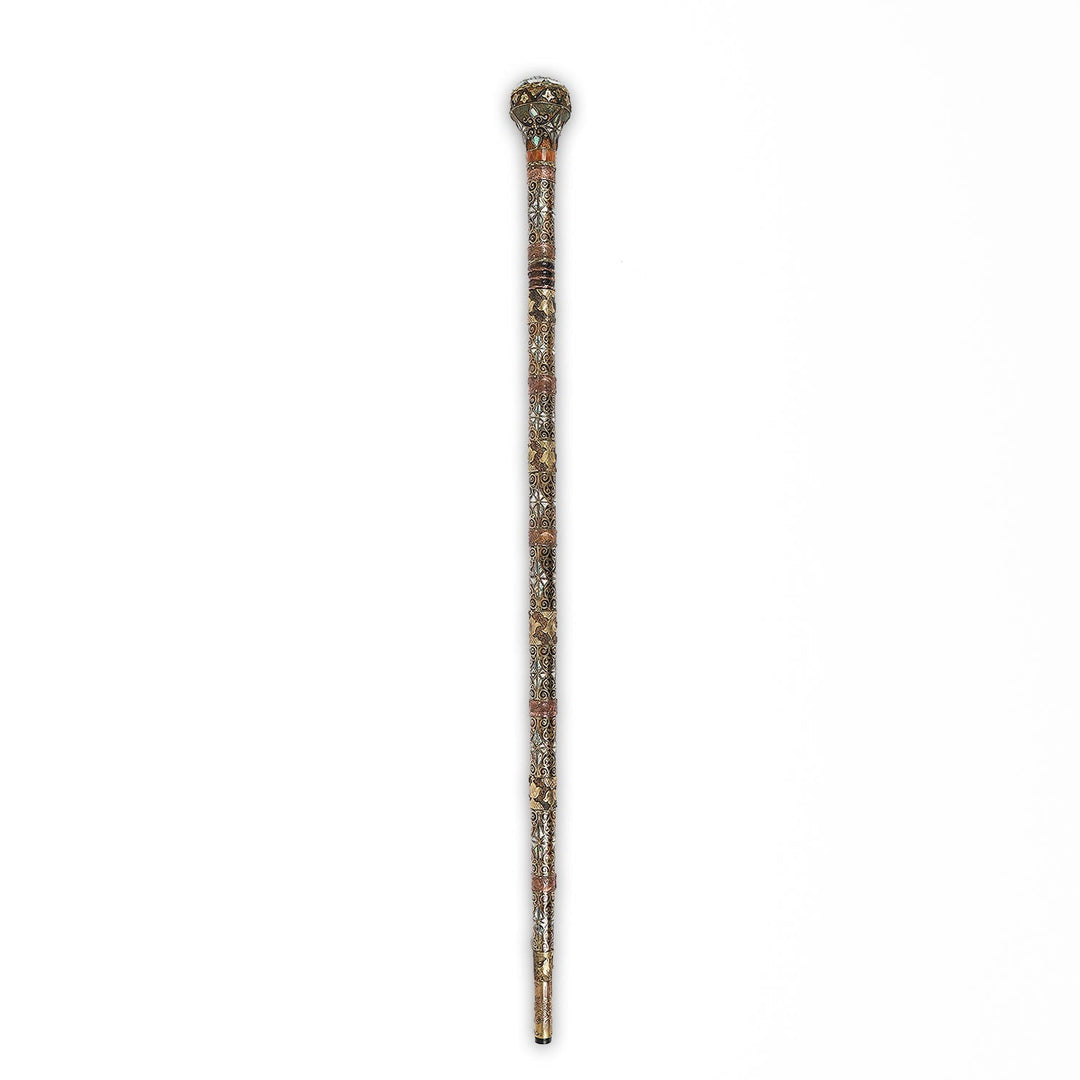 Handcrafted Wooden Walking Cane with Mother-of-Pearl, Abalone &amp; Copper Wire Inlay - WAAH499